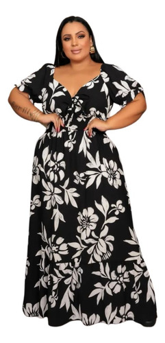 Vestido Longo Plus Size Floral Babado Moda Blogueira Top