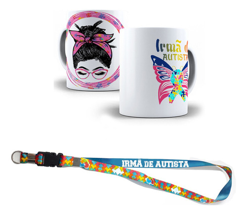 Kit Sou Irmã De Autista Com Caneca, Chaveiro E Cordão Puzzle