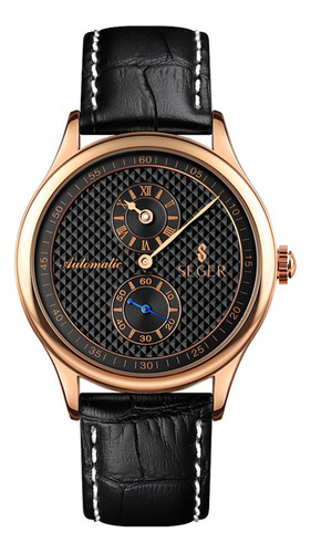 Reloj Hombre Seger 9238 Original Eeuu Automatico Elegante Color De La Malla Negro Color Del Bisel Rosa Metalizado