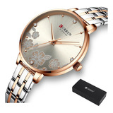 Reloj De Cuarzo Inoxidable Curren Diamond Fashion, Color De Fondo Plateado Y Rosa
