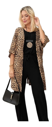 Max Cardiga Kimono Manga Longa Casaco Mantela Animal Print 