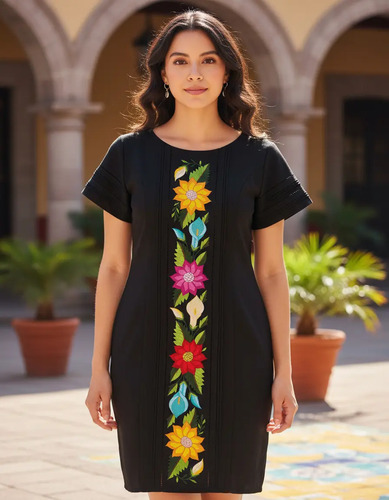 Vestido Bordado Yucateco. Alcatraz Y Girasoles. Mayakim.