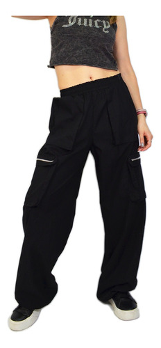 Pantalon Parachute Cargo Mujer Negro Otoño Ancho Bolsillos