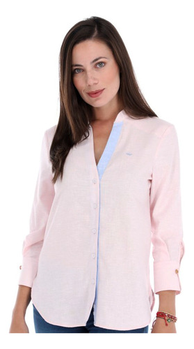 Camisa Cuello Mao Lino Mujer Casual Manga Larga Porto Blanco