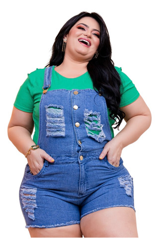 Jardineira Jeans Short Plus Size Macacão Feminino Lycra