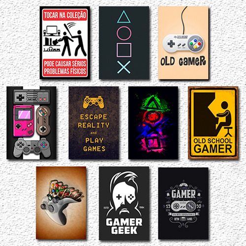 Quadros Decorativo Plaquinha 10pçs Mdf Games Gamer Play Stop