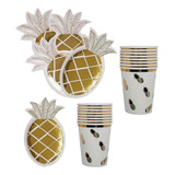 Set Platos Oro Rosa Piña Desechables Metal Hawaiano + Vasos 