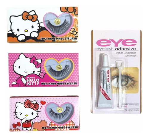 Set 3 Pares Pestañas Postizas Con Pegamento Hello Kitty