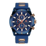 Reloj De Pulsera Mini Focus Mf0089g De Cuerpo Color Azul, Analógico, Para Hombre, Fondo Azul, Con Correa De Silicona Color Azul Y Oro Rosa, Agujas Color Oro Rosa, Blanco Y Rojo, Dial Oro Rosa Y Blanco