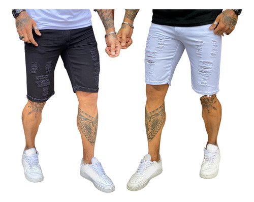 Kit 2 Bermudas Masculinas Jeans Rasgadas 100% Algodão
