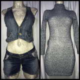 Dúo Chaleco Mezclilla Lee + Vestido Gris Glitter Sexy