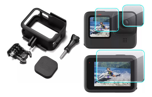 Kit Case Moldura Gopro Hero 10 11 12 Black + Pelicula Vidro 