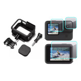 Kit Case Moldura Gopro Hero 10 11 12 Black + Pelicula Vidro 