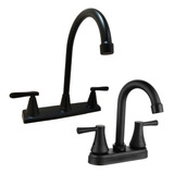 Llaves Fregadero Cocina Y Lavabo Baño Negro Mate Cisne 2pz