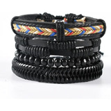 Conjunto Pulsera Brazalete Cuero Trenzado Negro 4en1 Cuencas