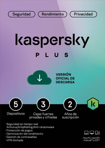 Kaspersky Plus 5 Disp 3 Cuentas Kpm 2 Años Internet Security