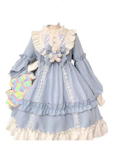 C Vestido De Encaje Japonés De Lolita Kawaii Con Lazo Y P