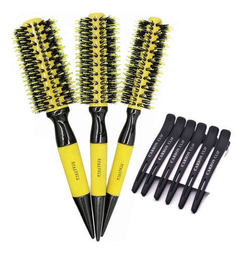 3 Escovas Profissional De Cabelo + 6 Clips Bico De Pato Kit