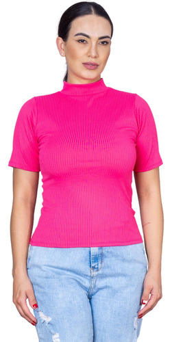 Blusa Blusinha Camiseta Canelada Gola Alta Básica Feminina