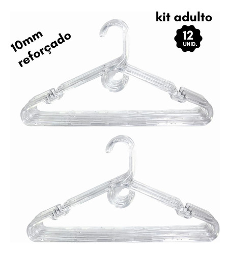 Kit 12 Cabides De Roupa 10mm Adulto Reforçado Transparente