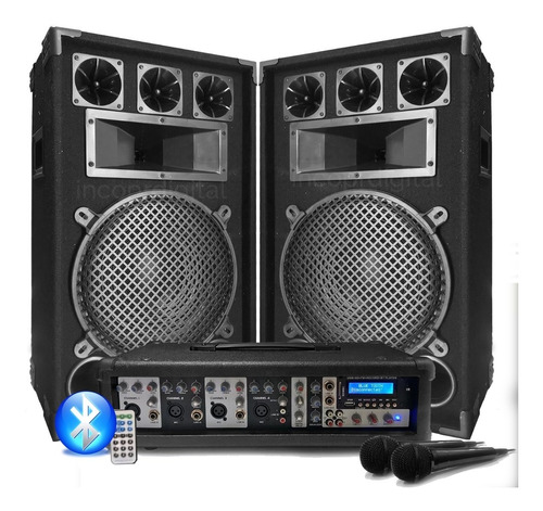 Combo Consola Potenciada 4 Ch Bluetooth + 2 Bafles  + 2 Mic 