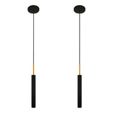 Kit 2 Luminárias Pendente Tubo Teto Sala Preto Dourado 40cm