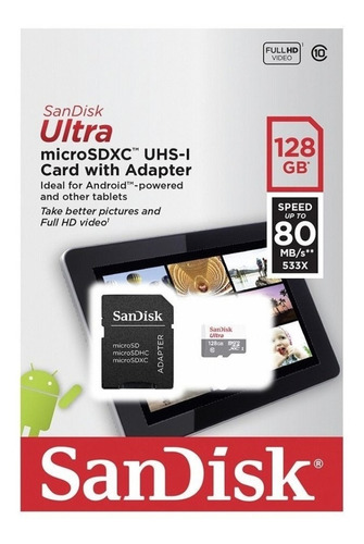 Memoria Micro Sd 128gb Sandisk Clase 10 80mb/s Original 