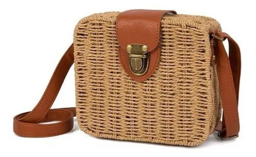 Bolsa De Palha Boho Praia Quadrada Moda Tendência Verão 2019 Cor Marrom-claro Desenho Do Tecido Liso