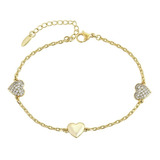 Brazalete Oro 14k Lam Corazón Swarovski Regalo 17-21cm Ajust