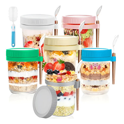 6 Vasos De Cristal Para Avena De 350 Ml Con Tapas Y Cucharas | Envío gratis