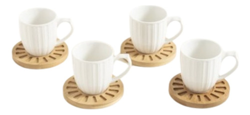 Set X4 Tazas Porcelana Cafe Expreso Con Plato Bambu Bazar Color Blanco