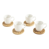 Set X4 Tazas Porcelana Cafe Expreso Con Plato Bambu Bazar Color Blanco