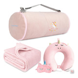 Set De Viaje Para Niños Manta Y Almohada, Color Rosa Suave,