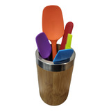 Porta Utensillos Bambu + Set Utensillos Silicona 5 Piezas