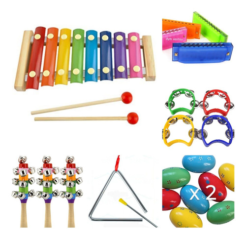 Kit De Percusión Infantil X 7 Instrumentos Musicales Colores