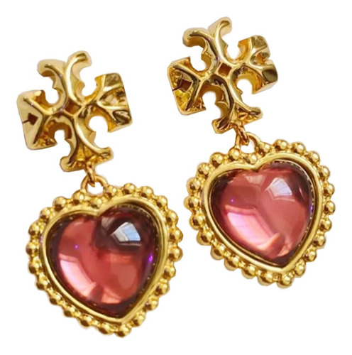 Aretes Corazón Tory Burch Dorados Piedra Tb Pendientes Chapa