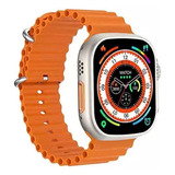 Smartwatch Relógio Masculino Feminino 8 Ultra Series Full Caixa Dourado Pulseira Laranja Bisel Prateado Desenho Da Pulseira Mesh