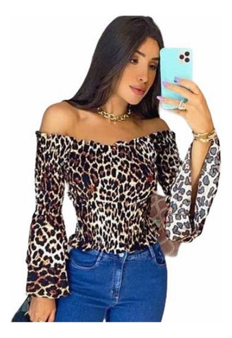 Blusa Blusinha Lastex Franzida Manga Longa Flare Ciganinha