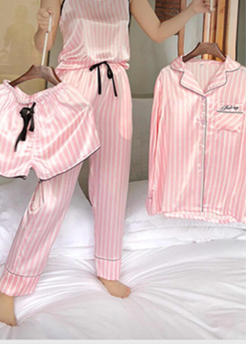 Pijama Look Victoria Pink Raso Satén Seda Set 7 Import Eeuu