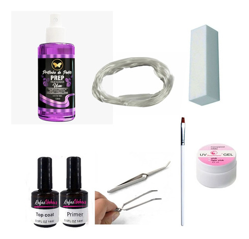 Kit Unhas De Gel Fibra Vidro Primer Top Coat Prep Pincel