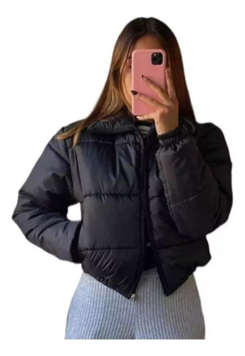 Campera Puffer Inflada Con Corderito Cuello Alto Bolsillos