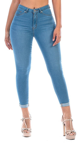 Pantalón Jeans Mezclilla Stretch Dama Azul Claro Dobladillo