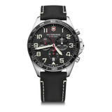 Reloj De Pulsera Victorinox Fieldforce Chrono De Cuerpo Color Plateado, Analógico, Para Hombre, Fondo Negro, Con Correa De Cuero Color Negro, Agujas Color Blanco Y Rojo, Dial Blanco, Subesferas Color 