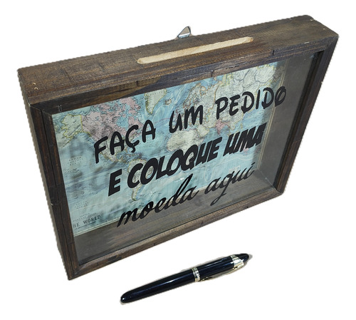 Cofre Porta Moedas Madeira Parede Tampa Vidro 24x13x8cm 440g