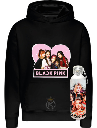 Poleron Black Pink + Botella En Aluminio - Blackpink - Surcoreano - Mujeres - Full Color - Musica - Jisoo, Jennie, Rosé Y Lisa -- Estampaking