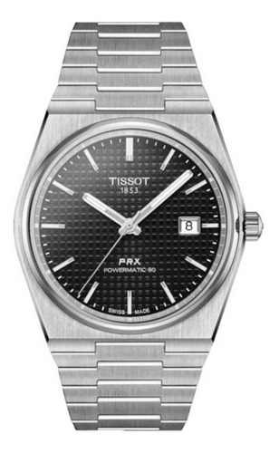 Reloj Pulsera Tissot T-classic Prx Powermatic 80 De Cuerpo Color Gris, Analógico, Para Hombre, Fondo Negro, Con Correa De Acero Inoxidable Color Gris, Agujas Color Gris Y Blanco, Dial Gris, Minutero/s