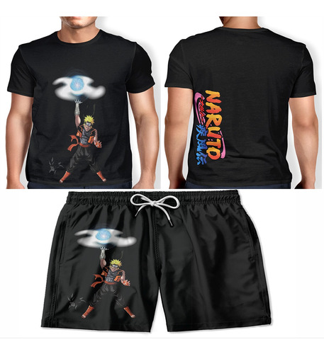 Kit Camiseta + Short Masculino Naruto Uzumaki Praia Verão