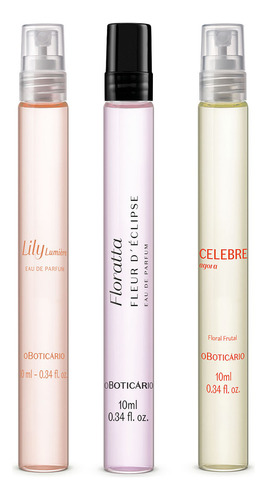 Combo Mini Perfumaria: Lily Lumiére 10ml + Floratta Fleur D'eclipse 10ml + Celebre Agora Feminino 10ml