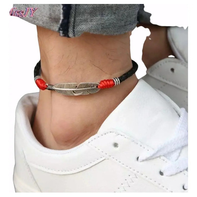 Pulsera Tobillera Rojo VISUTERIA Pluma Suerte Piel Enchapado Plata Hombre Mujer | Meses sin interés