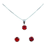 Conjunto Collar Aros Colgante Punto De Luz Rojo Plata 925